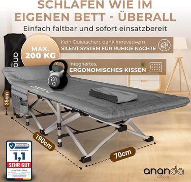 Розкладне ліжко Ananda Goods® для кемпінгу та гостей з матрацом – 190x70 см, карпове ліжко, туристичне ліжко, ліжко з бавовняно-льоновій матрац та простирадлом