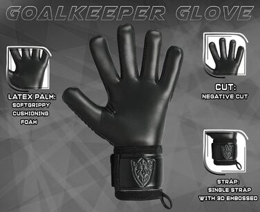 Футбольні воротарські рукавички Keeperking для дітей, підлітків та дорослих. Без захисту пальців, 4 мм латекс, довга долоня, унісекс, чорний.