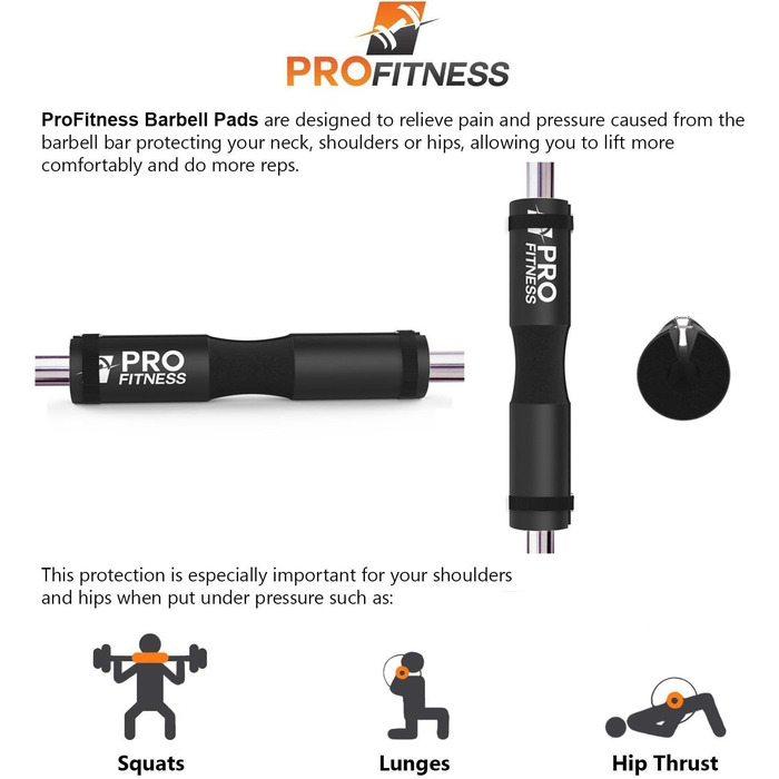 ProFitness накладка на штангу для присідань і випадів, м'яка подушка для плечей і стегон, для олімпійських та стандартних грифів, чорна
