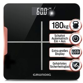 Ваги Grundig: цифрова персональна вага до 180 кг з високоточними сенсорами, LCD-дисплей, чорний колір (без батарейок)