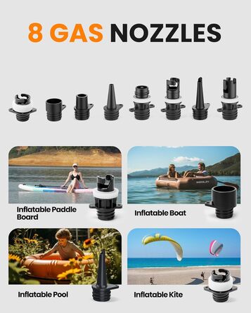 OutdoorMaster Shark 3: Електричний насос для SUP з акумулятором - Швидке надування, 20PSI, 74Wh. Підходить для SUP, човнів та надувних виробів. 8 насадок, 12V/15.8V DC та Type-C живлення.