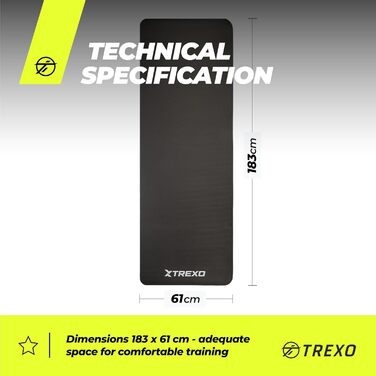 TREXO килимок для фітнесу NBR 183x61 см, 15 мм, чорний - для тренувань