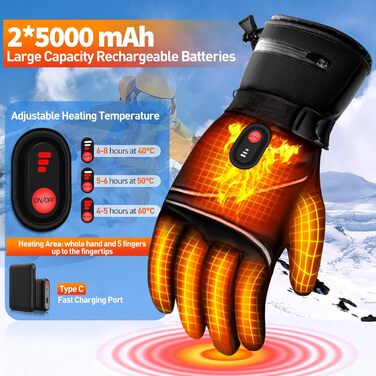 Обогревні рукавички DeeprBetter для жінок та чоловіків, 5000mAh, водонепроникні, з 3 рівнями нагріву, сенсорний екран, для мотоцикла, гірськолижного спорту та велосипеда