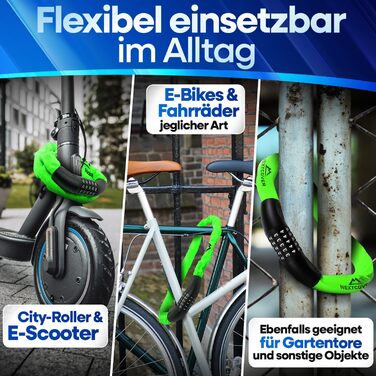 NEXTCOVER® Замки для велосипедів LockPro з кодовим замком - Оригінал - [SAFESECURE] Високий рівень безпеки | 5-значний код, сталевий замок для велосипеда | Замок для електровелосипеда, ланцюговий замок (Зелений)