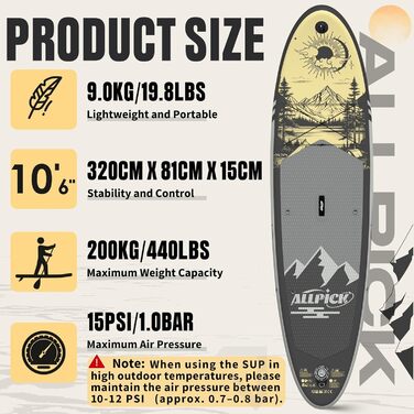 Надувний SUP Борд ALLPICK Premium Set: Комплектація для початківців та професіоналів, камера, аксесуари, регульоване весло, 200 кг, сіро-золотий