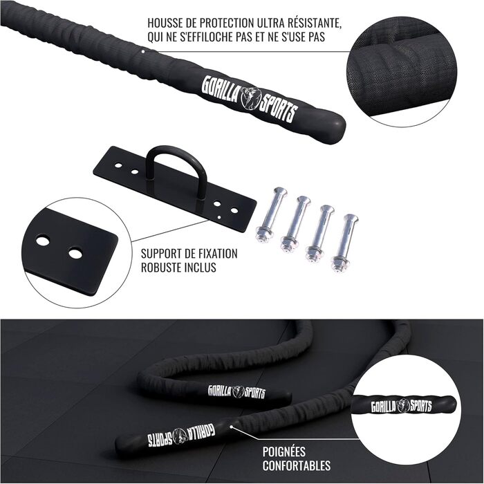 Тренувальний бойовий канат GORILLA SPORTS® - 9м/12м/15м, діаметр 38мм/50мм, з кріпленням, нейлон, чорний. Для силових тренувань, розвитку м'язів.