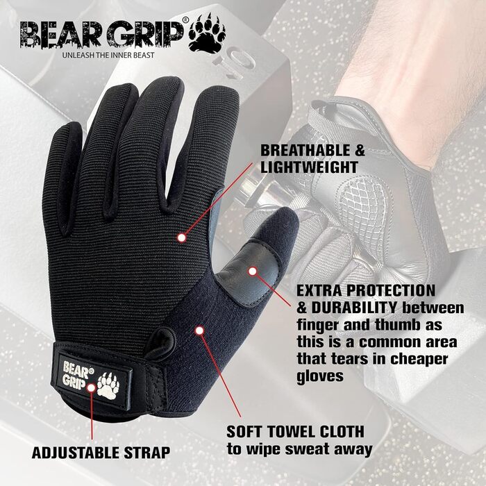 Рукавички для важкої атлетики BEAR GRIP з гелевими накладками (чорні, M) для фітнесу, бодібілдингу, кросфіту, велоспорту