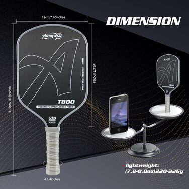 Ракетка для піклболу Amoswiz з карбону, 16 мм, T800, для обертання, сили та контролю, з чохлом та ластиком, подарунок для професіоналів та початківців