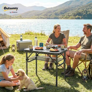 Складний кемпінговий стіл Outsunny 60 см з сітчастою кишенею, 4 регульовані висоти, чорний