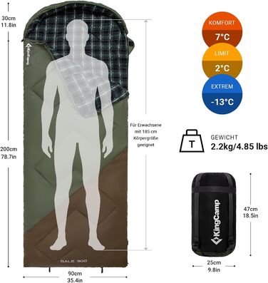Сплячий мішок KingCamp Flannel для дорослих, 3-4 сезони, ультралегкий, бавовна, теплий, ковдровий, водонепроникний, для кемпінгу (зелений/коричневий, L, блискавка)
