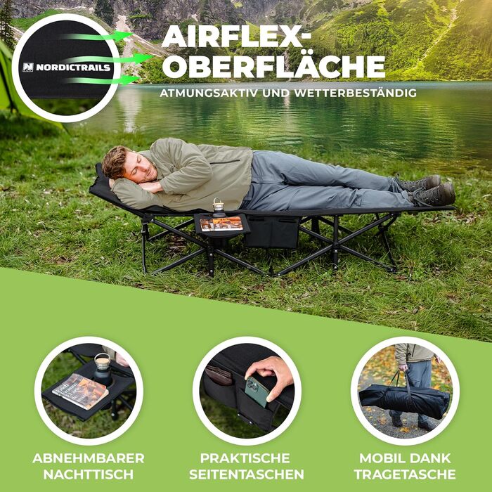 NORDICTRAILS Кемпінгове ліжко NORDICTRAILS - розкладне ліжко для кемпінгу XXL | Зручне, легке та широке для відпочинку на природі | Гостьове ліжко, лежак, розкладне ліжко, ліжко для риболовлі, ліжко для кемпінгу з надзвичайно м'яким матрацом (Без матраца,