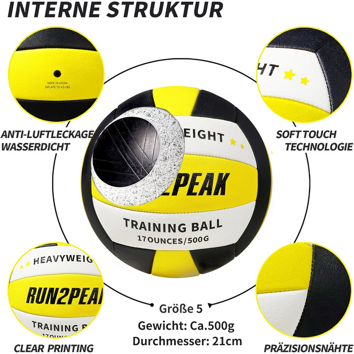 Волейбольний м'яч RUN2PEAK для тренувань з утяженням, 0,5 кг, розмір 5, для сеттерів, дорослий, для залу та вулиці, чорний/білий (жовтий/чорний/білий)