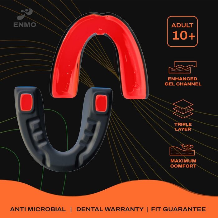 Захисний капу для спорту Enmo Maxilla Pro: для дорослих та дітей (10+), з кейсом. Підходить для регбі, боксу, хокею та контактних видів спорту. Капа з технологією Boil & Bite, тришарова, з каналом для дихання. Білий/синій (Радіо Чорний/Червоний)