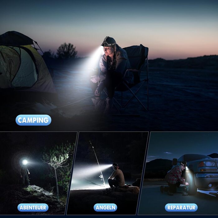 LED налобний ліхтар перезарядна суперяскравий 100000 люмен, кут огляду 90°, водонепроникний IPX7 для кемпінгу та активного відпочинку