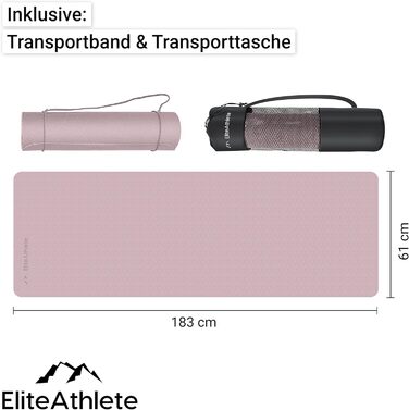 Йога-мат EliteAthlete 183×61×0,6 см, спортивний килимок для фітнесу, пілатесу, нековзкий, з ременем і чохлом