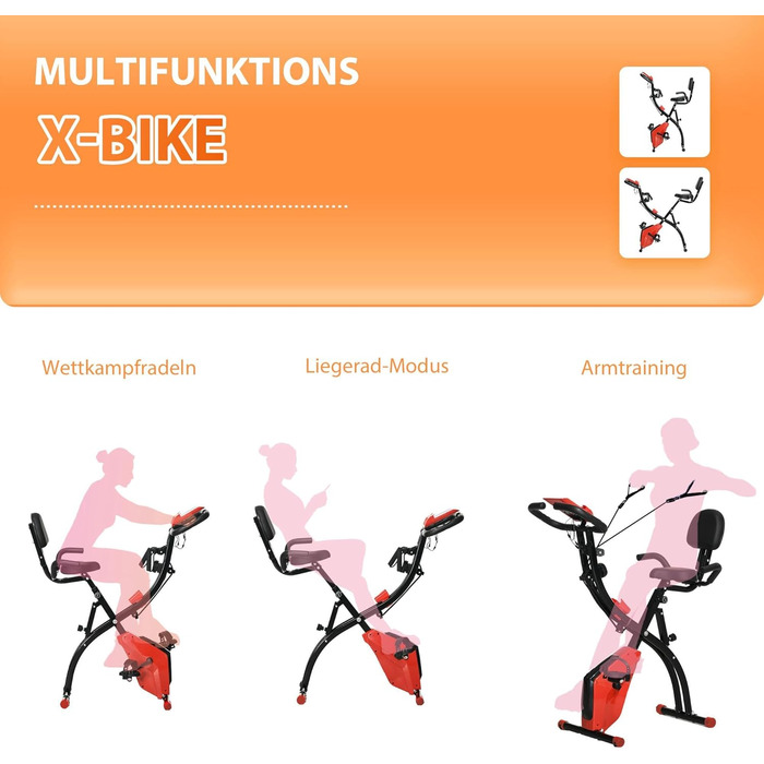 Складаний велотренажер HOMCOM X-Bike 2-в-1 з LCD-дисплеєм, магнітним опором (8 рівнів), тросами для фітнесу, сталевий, 105x48x118 см