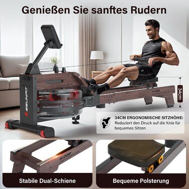 Водний весловий тренажер LESUNFIT з масиву дуба, Bluetooth монітор, підтримка Kinomap, приймач пульсу, комфортне сидіння, подвійна рейка, навантаження до 150 кг