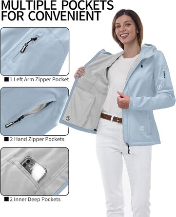 Жіноча мембранна куртка Outdoor Ventures Softshell: водонепроникна, дихаюча та вітрозахисна функціональна куртка з капюшоном для демісезону, небесно-блакитна, 4XL