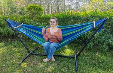 Гаммак GOCAN XXL для 2 осіб, 220x150 см, 330 см загальна довжина, 300 кг, бавовна, для відпочинку на природі, в саду, в приміщенні, для дітей, на балкон, сірий в смужку (Blau9)