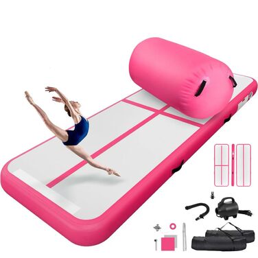 Airtrack мат для гімнастики 10 см, 3м/4м + повітряний рол 100x60см, електричний насос (Рожевий, 300x100x10см + 100x60см)