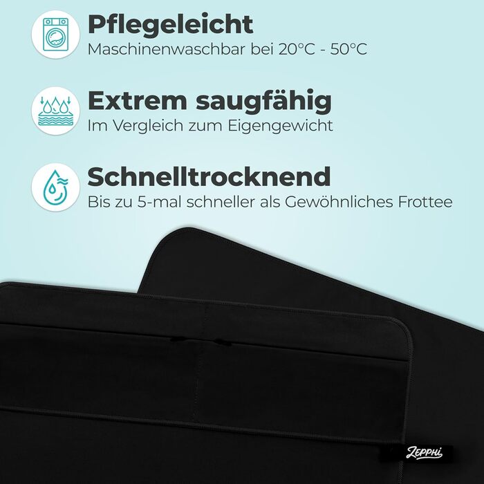 Рушник для фітнесу Zepphi: великий (120x50 см) + маленький (80x30 см) | Мікрофібра, кишеня на блискавці | Швидковисихаючий, для спортзалу та тренувань (Чорний)