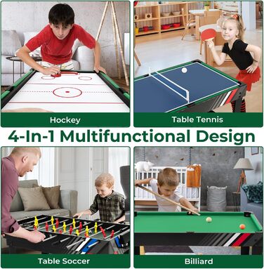 HOMASIS 4-в-1 ігровий стіл з аксесуарами: пінг-понг, хокей на повітрі, більярд, кікер. Підходить для дітей та дорослих, ідеально для барів та вечірок.