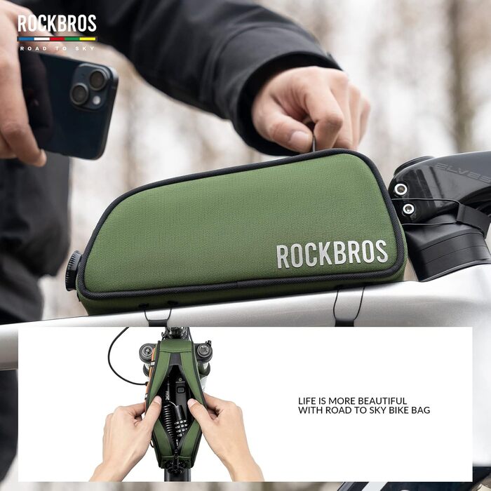 ROCKBROS Велосипедна сумка на раму Road-to-Sky, водовідштовхувальна, 0,7 л, з відбивачами, для шосейних, гірських та гравійних велосипедів, зелена