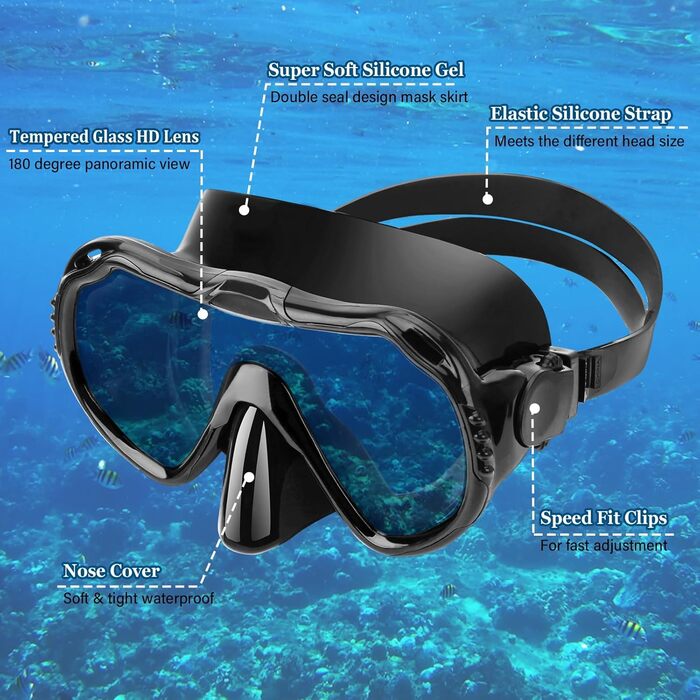 Комплект для снорклінгу для дорослих 4 в 1: маска, трубка, ласти, сумка (чорний, XL)