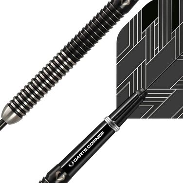 Набір дротиків Darts Corner BlackFin з високоякісного 90% вольфраму, прямий стальний стрижень, 6 оперень, 6 стрижнів, карта Checkout і футляр, 22 г, 24 г, 26 г