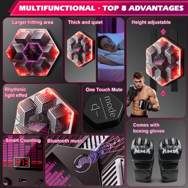 Музична боксерська машина для дорослих - 16 швидкостей, 14 режимів, Bluetooth, LED-підсвічування, з підрахунком ударів