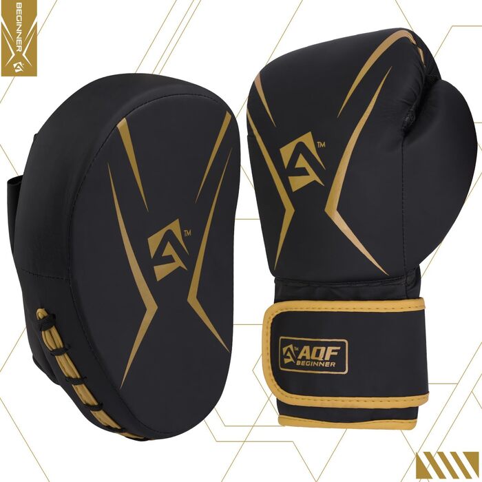 Набір для боксу AQF: боксерські рукавички 14oz та вигнуті лапи для тренувань з боксерської груші, кікбоксингу та єдиноборств, штучна шкіра, багатошаровий наповнювач (Золотий)