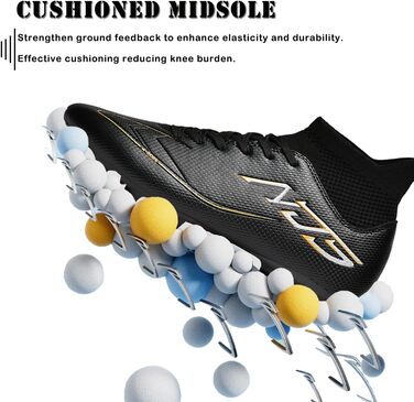 Чоловічі футбольні бутси для юніорів, бутси для тренувань High Top з шипами, професійні бутси для змагань, Outdoor спортивне взуття, Kunstrasen, унісекс (Чорний, 41 EU)