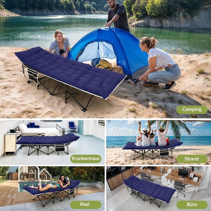 Розкладне ліжко Warmiehomy XXL з матрацом для дорослих, гостьове ліжко, широке та міцне, для кемпінгу, відпочинку, офісу, саду, сіре (блакитне), з матрацом