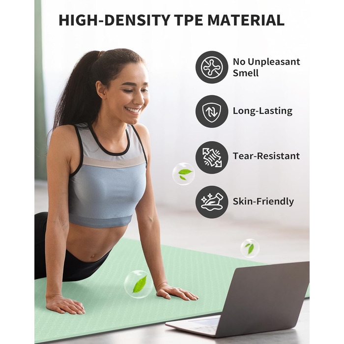 Килимок для йоги CAMBIVO XXL 183x122 см, товщина 6/8/10/12 мм, неслизький, TPE, для фітнесу, пілатесу, гімнастики, з рушником (183*122*0.6 см, м'ятний)