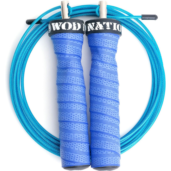 Скакалка WOD Nation для швидких стрибків: Регульоване тренувальне обладнання з двома кабелями (товстий та легкий, 3.4 м), колір блакитний