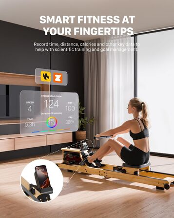 Гребний тренажер Aeriflo W100 для дому з бамбуком, Bluetooth, дисплеєм та додатком, тихий та компактний, преміум-якість, для комплексного тренування всього тіла