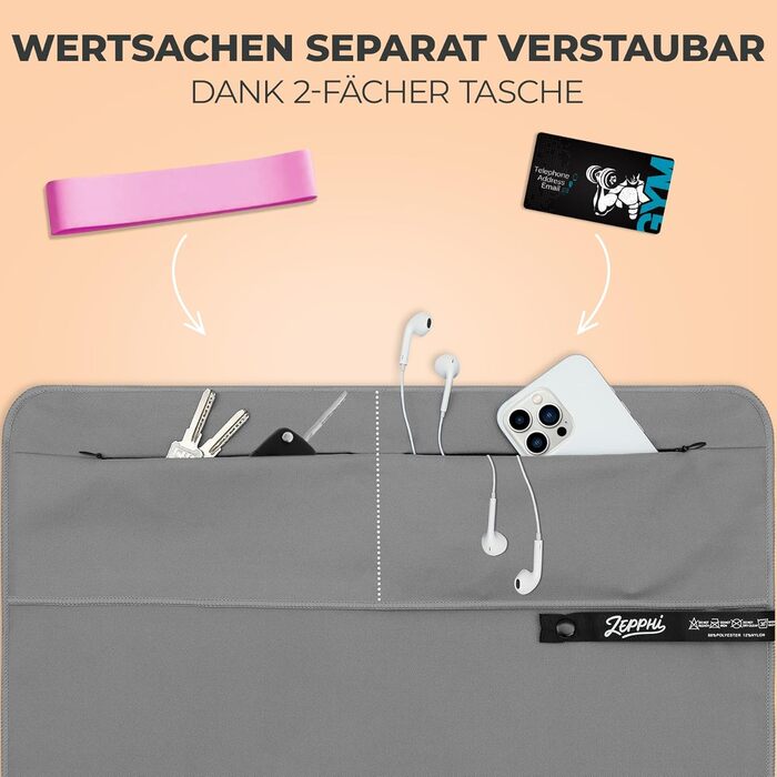 Рушник для фітнесу Zepphi: 120x50 см + 80x30 см | Мікрофібра, кишеня на блискавці | Швидковисихаючий, для спортзалу та тренувань