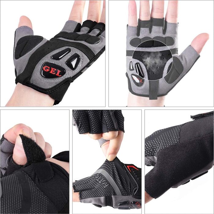 Велосипедні рукавички ROTTO MTB, напівпальцеві для чоловіків та жінок з гелевою та SBR-подушкою, чорно-сірі, розмір L