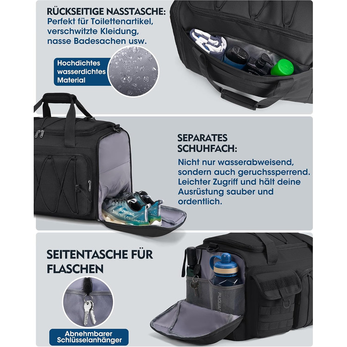 Спортивна сумка RAINSMORE 45L 3-в-1 для фітнесу та подорожей, водонепроникна дорожня сумка з відділенням для взуття та мокрих речей, чорна