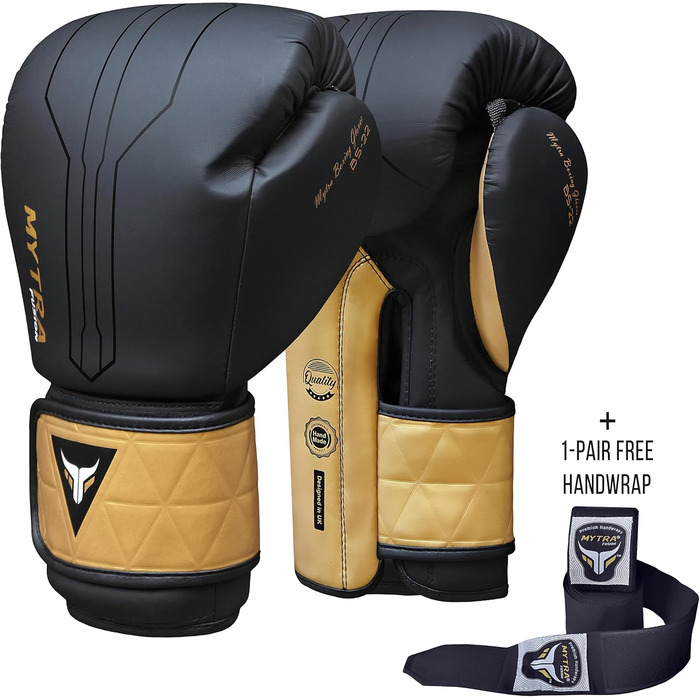 Боксерські рукавички Mytra Fusion 16oz чорні/золоті з безкоштовними бинтами для боксу, MMA, тайського боксу, кікбоксингу для чоловіків і жінок