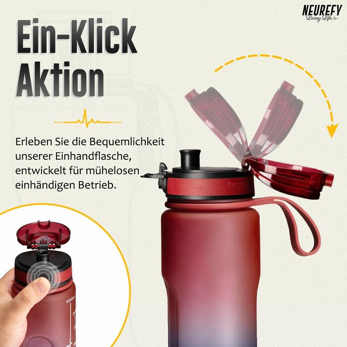 Пляшка для води NEUREFY 1 л із тритану, червона і синя, не протікає, зручна, BPA Free, зі шкалою та ситечком – спортивна пляшка для фітнесу, тренажерного залу, офісу, навчання, школи, для активного відпочинку