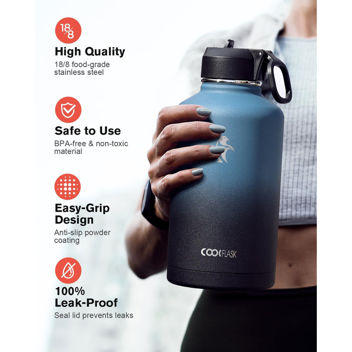 Термос пляшка для води 2 л Coolflask з нержавіючої сталі з трубочкою та 3 кришками, подвійна вакуумна ізоляція, для спорту та офісу, сірий, не протікає