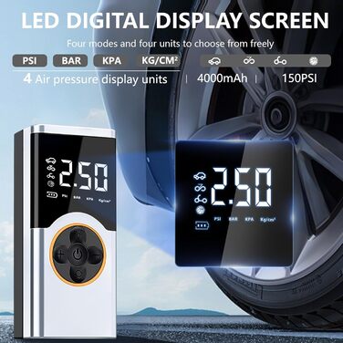 Електричний компресор LOVPIS для велосипеда, авто, мотоцикла, м'ячів (150PSI, 4000mAh)