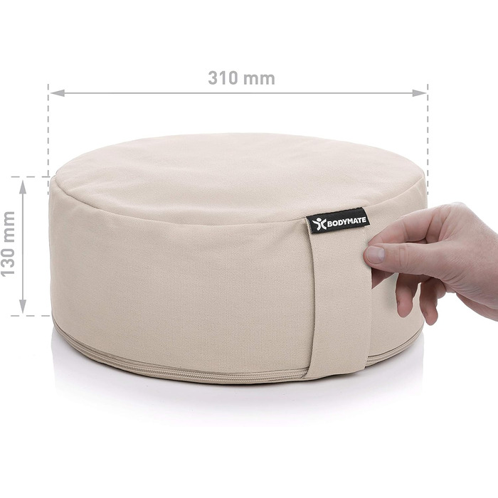 Подушка для йоги та медитації BODYMATE кругла 31 см, бежева, з гречаним лушпинням, бавовняний чохол
