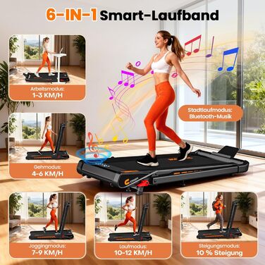 Бігова доріжка для дому з Bluetooth, 6 в 1, 12 км/год, з нахилом 10%, 3.0 к.с., LED-дисплей, 160 кг, чорно-помаранчева