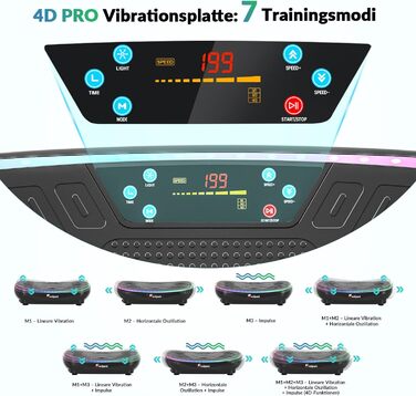 Vibrationsplatte EvoSpark 4D PRO 7-в-1: Тест-переможець 2025, 900W, 9 LED, 550 lbs, з ручкою для домашніх тренувань