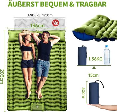 Кемпінговий килимок Yuzonc самонадувний, потовщений, двомісний, ультралегкий, для кемпінгу, для 2 осіб, з насосом та подушками, для відпочинку на природі, піших прогулянок, намету, зелений
