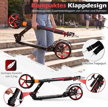 COSTWAY Розкладний самокат для дітей та дорослих, чорний. Регульована висота, дзвінок, підставка, ремінь для перенесення, до 100 кг