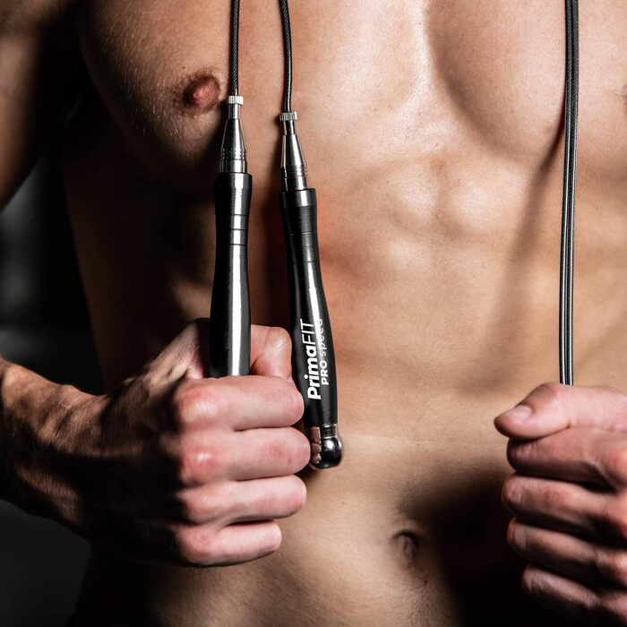 Скакалка PrimaFIT для дорослих, професійна, 3 м, зі змінними вагами, 2 підшипники, нековзні ручки, для боксу, MMA, кросфіту, сталева, чорна, з сумкою