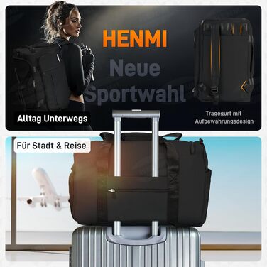 Спортивна сумка HENMI для залу та подорожей, 43 л, з відділенням для взуття та вологих речей, складана сумка для тренувань (Чорна)